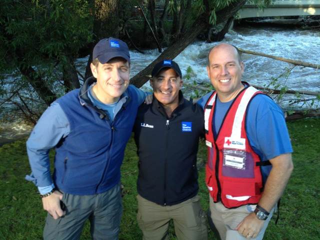 Jim Rettew (r), and Weather Channel journalists, including Jim Cantore (c), during the flood relief response in Boulder, Colorado, September, 2013. Submitted photo.