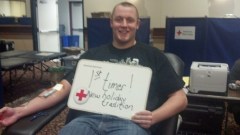 Drayton Carlberg, donating blood for the first time at the 12 Hours of Giving on Decbember 23, 2013.