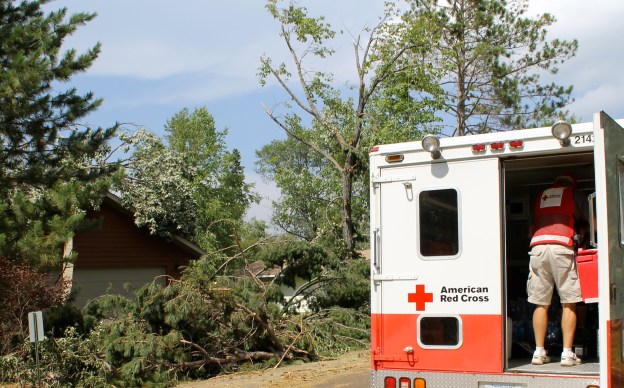 Two Red Cross Emergency Response Vehicles (ERVs) are canvassing the hardest hit areas and bringing aid to those without power and cut-off from other resources by downed lines and trees.